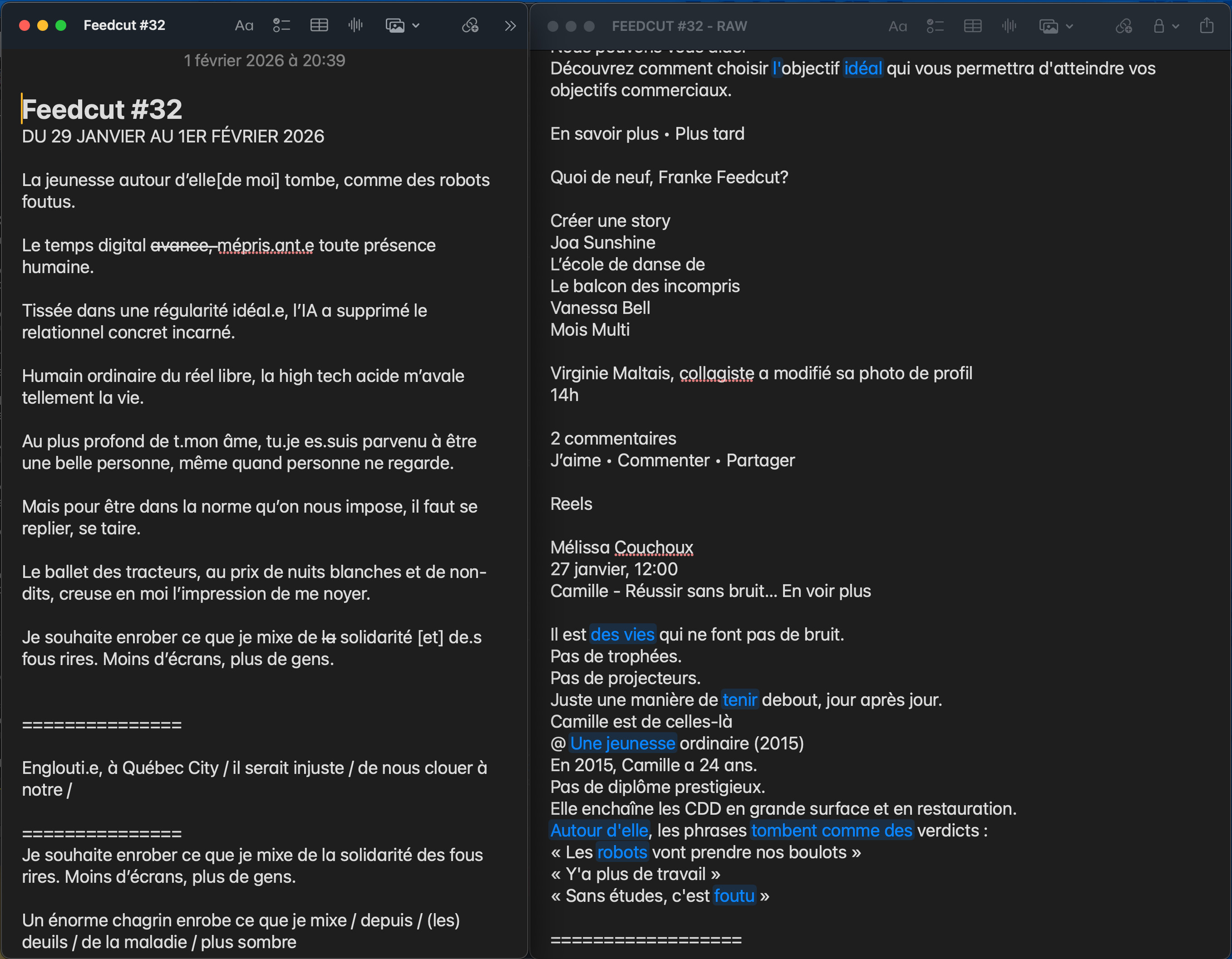 Capture d'écran de mon ancienne méthode avec deux fichiers texte côte-à-côte