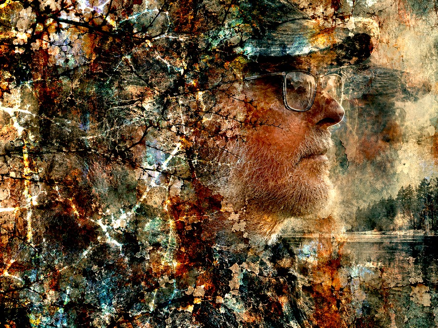Portrait de Franke Feedcut en surimpression, le regard tourné de côté, fondu dans des branches nues, un mur de rouille et un paysage de lac.